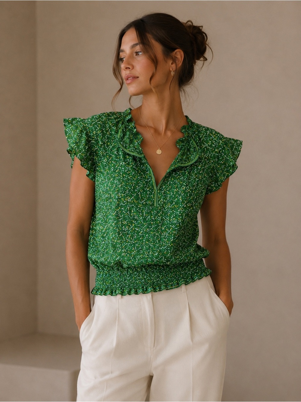 Max Studio Green Floral Print Ruffle Sleeve Blouse Size Medium